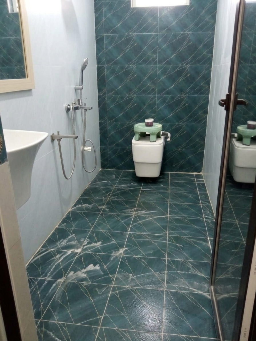 Freshly cleaned washroom with teal marble-pattern floor and wall tiles